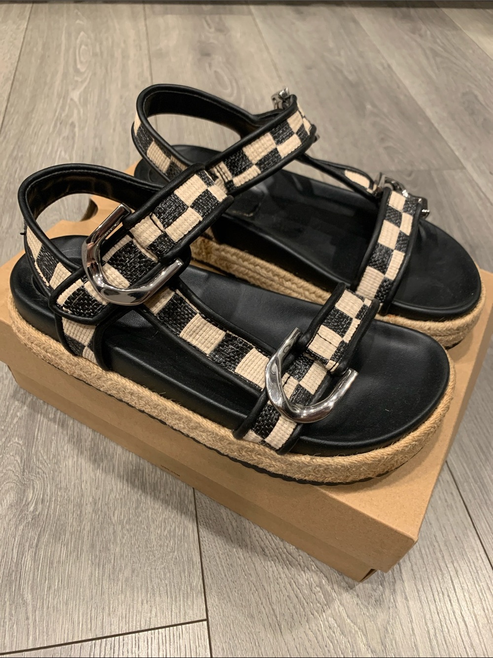 Charles & Keith Black and Cream Check Platform Sandals